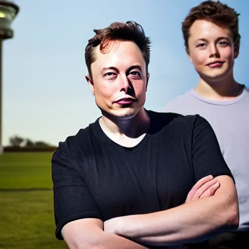 Image similar to A portrait photo of Elon Musk teams up with a teenage Elon Musk, perfect faces, 50 mm, award winning photography