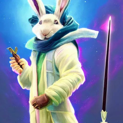 Prompt: a majestic, beautiful humanoid bunny rabbit in the style of the drifter from the video game hyperlight drifter holding a sword made of light, award winning, oil painting, detailed, 4k, highlight