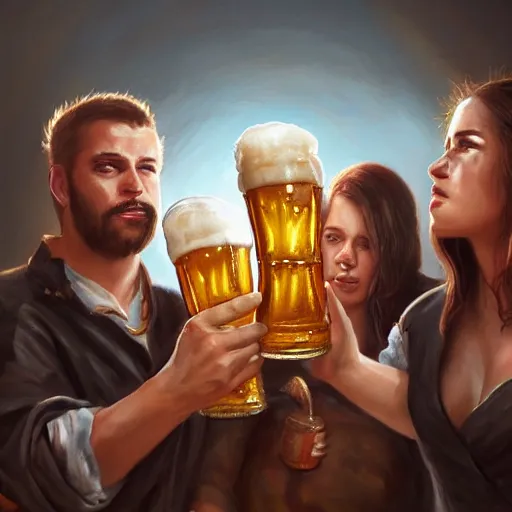 Prompt: an epic painting of the crusaders order of beer lovers, holding mugs of beer in their hands, oil on canvas, golden hour, beautiful detailed, photorealistic, digital painting, artstation, concept art, smooth, sharp focus, illustration, fantasy background, artstation trending, octane render, unreal engine