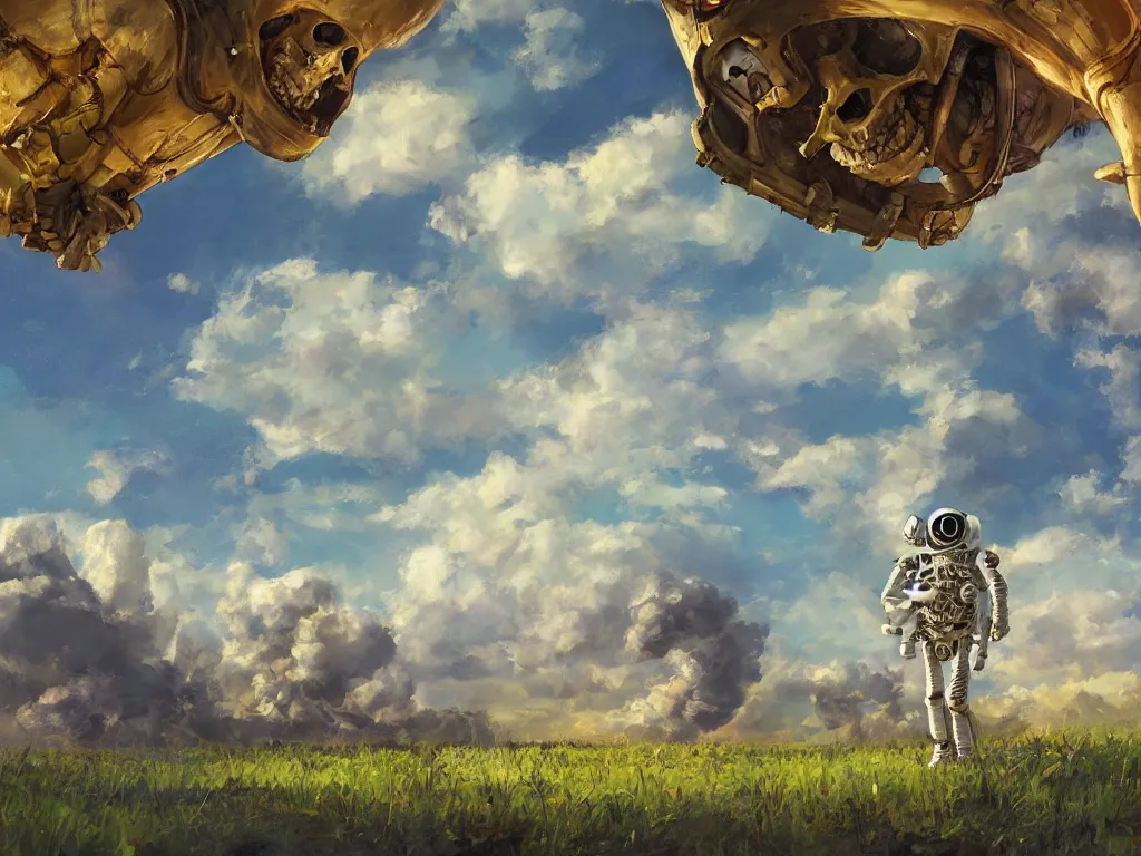 Prompt: a skeleton astronaut with his helmet off by kren cushart on a colorful alien wheat world with lime trees clouds landscape