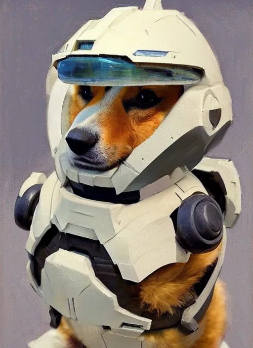 Image similar to Greg Manchess painting of a Corgi as Master Chief from Halo, countryside, calm, fantasy character portrait, dynamic pose, above view, sunny day, artwork by Jeremy Lipkin and Giuseppe Dangelico Pino and Michael Garmash and Rob Rey, very coherent asymmetrical artwork, sharp edges, perfect face, simple form, 100mm