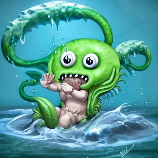 Image similar to cute baby cthulu splashing in the ocean, trending on artstation