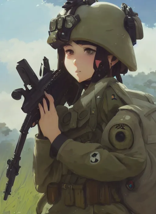 Image similar to portrait of cute soldier girl, cloudy sky background lush landscape illustration concept art anime key visual trending pixiv fanbox by wlop and greg rutkowski and makoto shinkai and studio ghibli and kyoto animation soldier clothing military gear realistic anatomy mechanized modern warfare hands