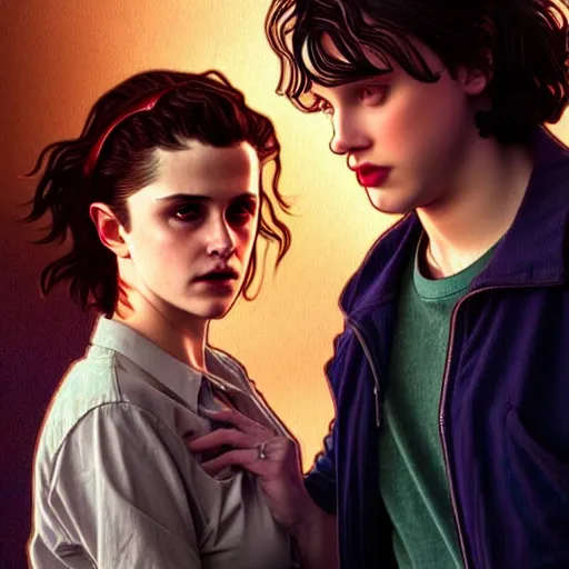 Prompt: Twilight version of Stranger Things, Portrait of Edward and Bella, diffuse lighting, fantasy, intricate, elegant, highly detailed, lifelike, photorealistic, digital painting, artstation, illustration, concept art, smooth, sharp focus, art by Alphonse Mucha