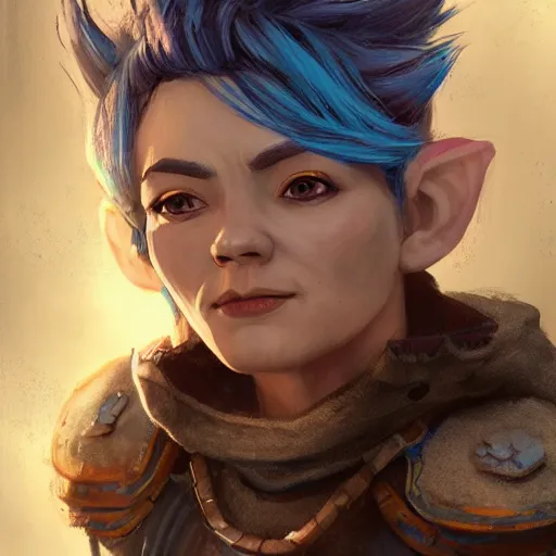 Image similar to Portrait of rugged adult female gnome, D&D fantasy magic, pixie undercut hairstyle, blue thunder lightning magic, blue light, intricate, highly detailed, digital painting, artstation, concept art, sharp focus, from Valerian and the City of a Thousand Planets, in the style of Ruan Jia and Mandy Jurgens and Artgerm and Greg Rutkowski and William-Adolphe Bouguerea