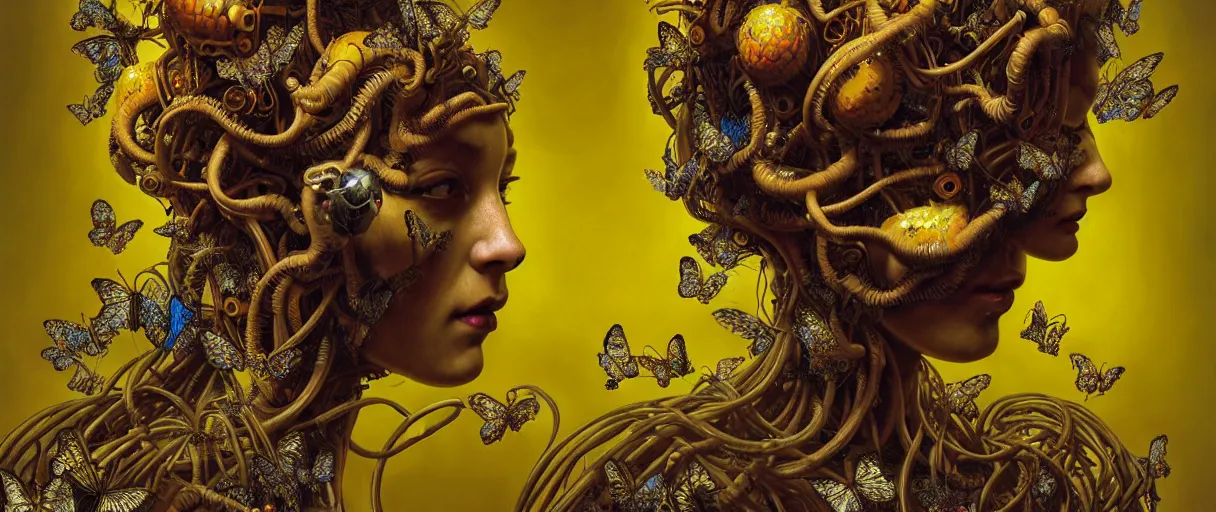 Prompt: hyperrealistic hyper detailed neo-surreal 35mm portrait of rococo cyborg medusa symmetrically covered in butterflies matte painting concept art hannah yata dali very dramatic yellow lighting low angle hd 8k sharp shallow depth of field