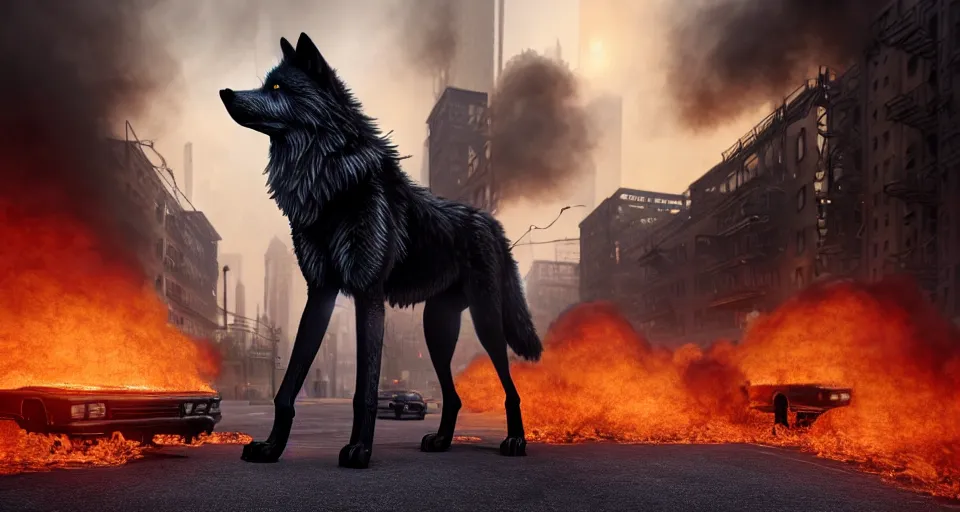 Image similar to A beautiful hyper realistic ultra detailed lifelike matte painting of a scruffy black Timber Wolf standing in the middle of a post-apocalyptic New York City street with cars and buildings engulfed in flames on fire, unreal engine, deviantart, flickr, artstation, octane render, textured, colorful, extreme realistic detail, physically based rendering, pbr render, very detailed, volumetric lighting, detailed lighting, octane render, 4k, cinematic lighting, 8k resolution