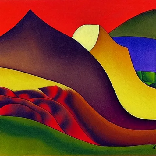 Prompt: woman woman as the natural landscape, her curves form the mountains and rivers of this land, high quality art in the style of cubism and georgia o'keefe,