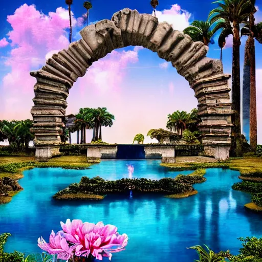 Image similar to masterpiece, hyperrealistic surrealism, award winning masterpiece with incredible details, epic stunning, infinity pool, a surreal vaporwave liminal space, highly detailed, trending on ArtStation, broken giant marble head statue ruins, calming, meditative, pink arches, flowing silk sheets, dreamscape, palm trees, very vaporwave, very very surreal, sharp details, artgerm and greg rutkowski and alphonse mucha, daily deviation, IAMAG