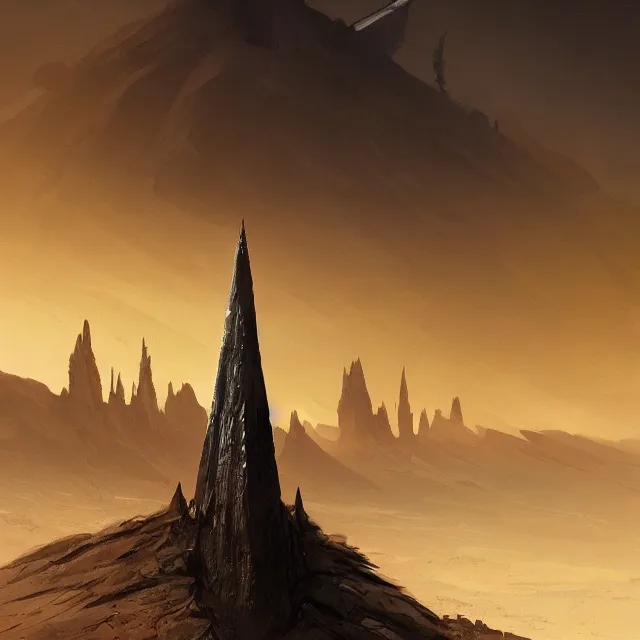 Image similar to a black spire rising up out of a desolate desert, by greg rutkowski, concept art, sci - fi concept art, cinematic lighting, highly detailed artwork, trending on artstation, movie concept art