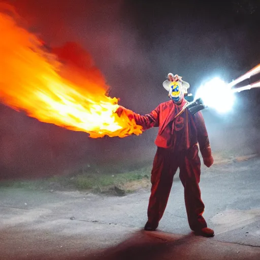 Image similar to photo of a clown using a flamethrower projecting a long bright flame towards a dumpster fire