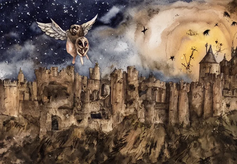 Image similar to Threatening winged possum flying over a medieval castle under a dark starred sky, dark fantasy, watercolor, dreaming illusion, highly detailed, 4k, trending on Artstation, award-winning