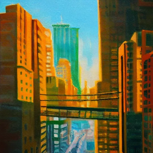 Prompt: dense city canyon emerald light oil painting