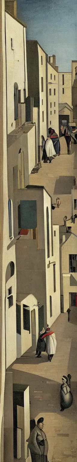 Image similar to a painting of street life in kirkwall, orkney, people,houses, by Giorgio de Chirico