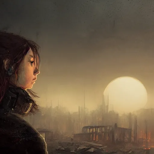 Prompt: A portrait of a gray eye girl, ruins of a destroyed city and a yellow-red full moon on background, techwear, dark, rainy atmosphere, natural volumetric light, intricate, highly detailed, digital painting, concept art, sharp focus, illustration, art by greg rutkowski, matte painting, trending on artstation