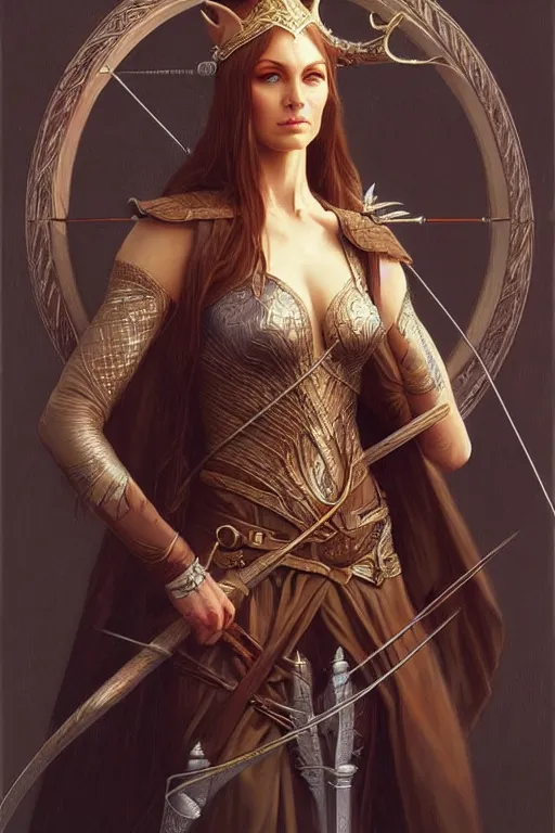 Image similar to portrait of a queen elven archer, dark, piercing eyes, gentle expression, elegant clothing, photorealistic, highly detailed, artstation, smooth, sharp focus, art by michael whelan, artgerm, greg rutkowski and alphonse mucha