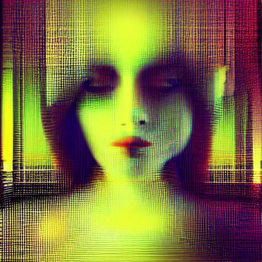 Prompt: glitchart of a young woman lucid dreaming in cyberspace, photoreal