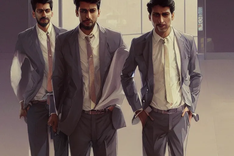 Image similar to Anxious good looking pale young Indian doctors wearing suits at the airport, portrait, elegant, intricate, digital painting, artstation, concept art, smooth, sharp focus, illustration, art by artgerm and greg rutkowski and alphonse mucha