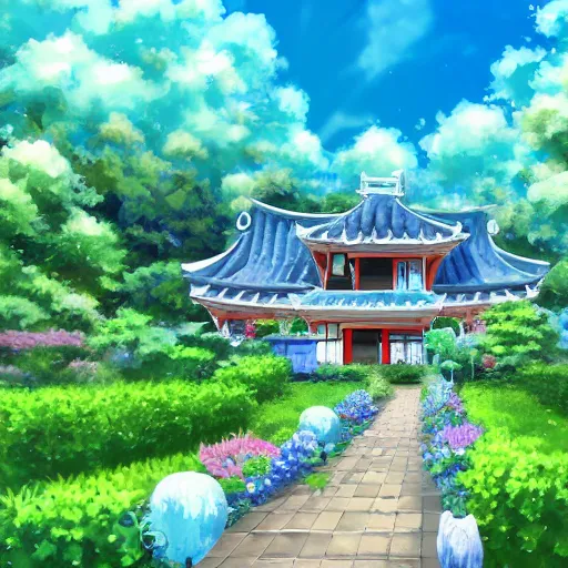 Image similar to a house with a beautiful garden and a blue sky with clouds in anime style, in the style of Lampbo Chun on ArtStation and Son Rice on ArtStation, 4k,