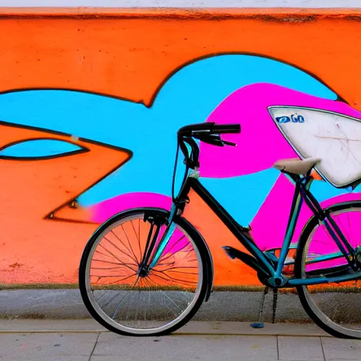 Prompt: a grafitti of a bicycle with a surfboard, pink and orange, street art by Jessie unterholder, katey truhn