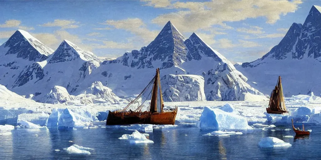 Image similar to Antarctica, pyramids, oil painting, highly detailed, artwork, in style of Albert bierstadt