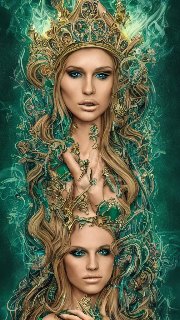 Image similar to Tarot card of the very beautiful Cannabis Goddess, miss universe, blonde hair, green eyes, highly detailed portrait, psychedelic, high fantasy, teal paper, smoke swirls, elaborate ornate, intricate details, mixed media, realistic composition, golden ratio, light from top, more darkness on bottom, high quality of sketching, octane render, 8k, by James Gilleard