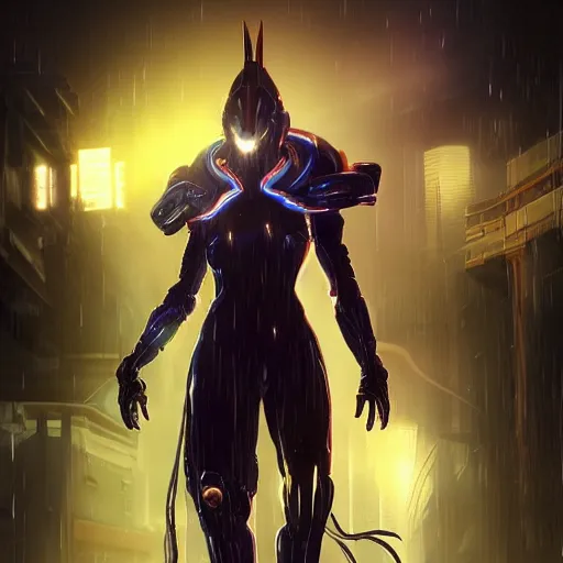 Prompt: photo of tenno from warframe in the style of stefan kostic, realistic, cyberpunk, neon, nighttime, rain storm, body shot, sharp focus, 8 k high definition, insanely detailed, intricate, elegant, art by stanley lau and artgerm, floating embers