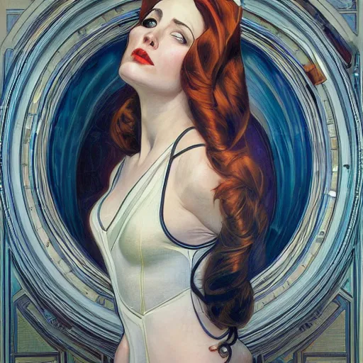 Image similar to a streamline moderne painting in the style of donato giancola, and in the style of charlie bowater, and in the style of alphonse mucha. symmetry, smooth, sharp focus, semi - realism, intricate detail.