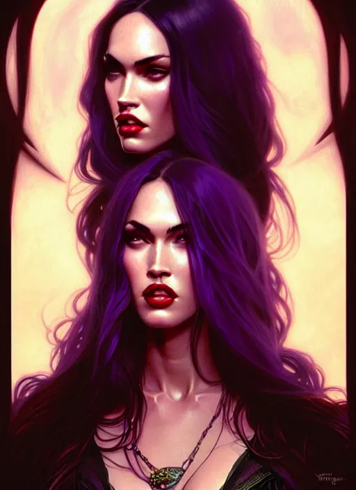 Image similar to portrait of megan fox as a vampire queen, jewelry, greek, purple, intricate, headshot, highly detailed, digital painting, artstation, concept art, sharp focus, cinematic lighting, illustration, art by artgerm and greg rutkowski, alphonse mucha, cgsociety