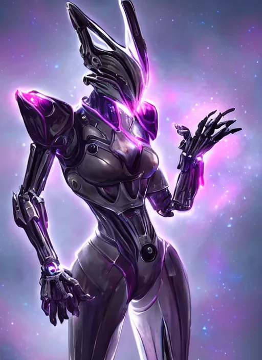 Image similar to cinematic shot, bust, cosmic sized perfectly proportioned stunning beautiful hot female warframe, robot mecha female dragon head, silver armor, fuschia leds, floating in empty space, nebula sized, holding a galaxy, epic proportions, epic size, epic scale, furry art, dragon art, giantess art, warframe fanart, furaffinity, deviantart
