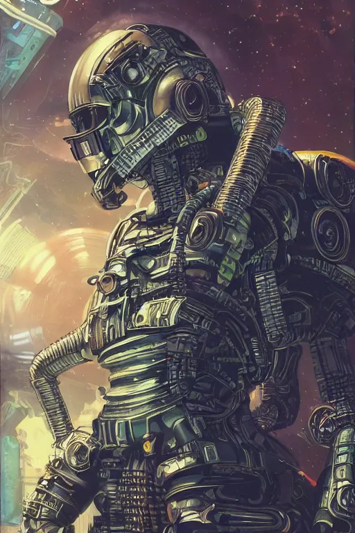 Image similar to post-soviet armored military android on a hyper-maximalist overdetailed retrofuturist scifi bookcover illustration from '70s. Biopunk, solarpunk style.