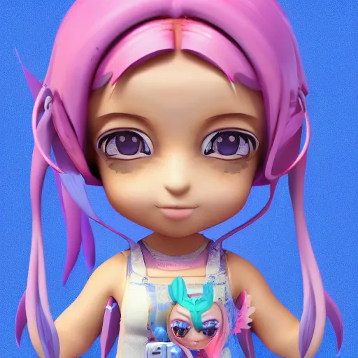 Prompt: a digital painting of a girl with a fish on her head, chibi, by antonio mello, 3 d nft, nendoroid 3 d, cyberpunk artm, cgsociety, seapunk, anime aesthetic, rendered in maya