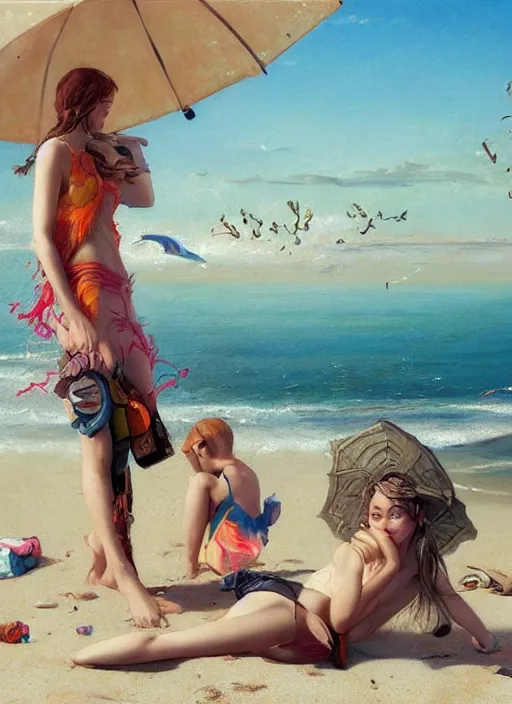 Image similar to beautiful fantasy painting scene of a chill summer day at the beach, by Kenne Gregoire, James Jean, Tran Nguyen, WLOP, Jakub Rebelka. trending on Artstation, 8k, masterpiece, face enhance, graffiti paint, fine detail, full of color, intricate detail, golden ratio illustration