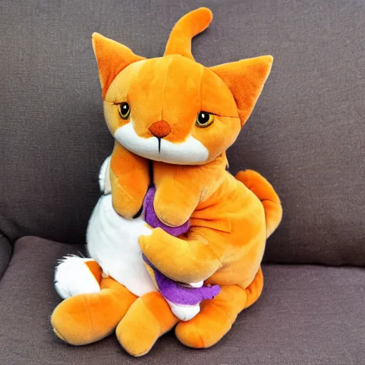 Image similar to orange tabby cat hugs plush purple dragon, cute, cozy