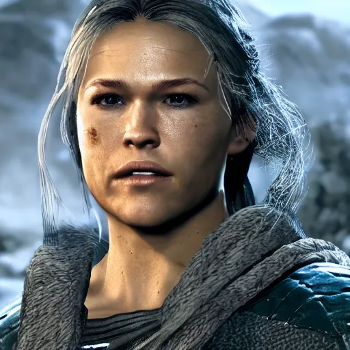 Image similar to character screenshot of ufc ronda rousey dc in skyrim, female armor, npc talking, wilderness, 1 0 8 0 p, bokeh, elder scrolls v, detailed, dialog text