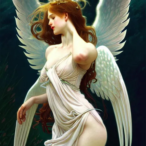 Image similar to Winged girl angel, fantasy, intricate, elegant, highly detailed, digital painting, artstation, concept art, smooth, sharp focus, illustration, art by John Collier and Wenqing Yan and Alphonse Mucha