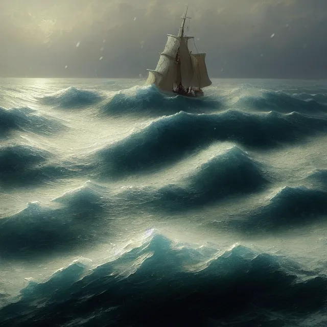 Image similar to a beautiful painting of the sea by ( ivan aivazovsky ) and sin jong hun and greg rutkowski and george varodi. in style of concept art. 4 k texture. ray tracing. sharp lines, hyper detailed. octane render. trending on artstation