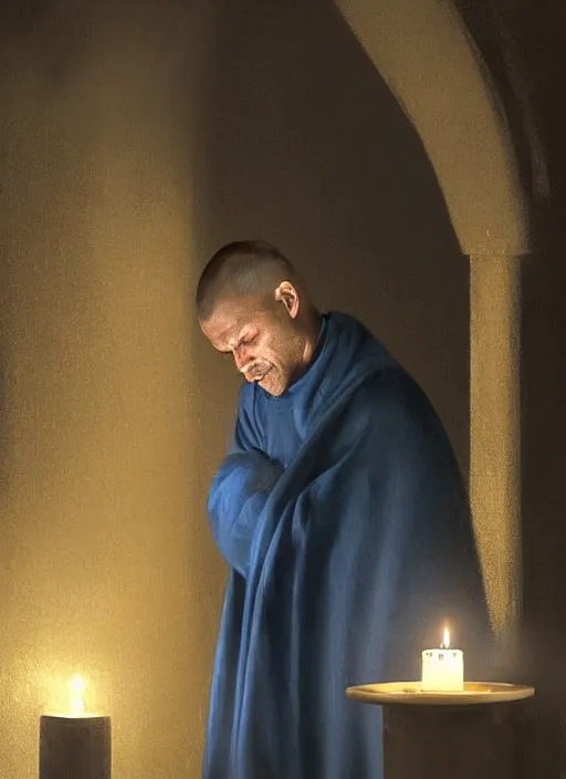 Image similar to oil painting portrait of a crying sad weeping sobbing tonsured dominican monk in a simple rough habit, kneeling in a blue cold moonlit empty small chapel at night, hazy, digital art, artstation, cinematic, moonlight, digital art painting by greg rutkowski, hazy atmosphere, candles, cinematic blue lighting