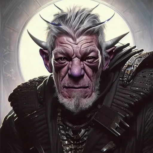 Image similar to portrait painting of a cyberpunk orc doctor muscular ian mckellen with fangs and tusks, ultra realistic, concept art, intricate details, eerie, highly detailed, photorealistic, octane render, 8 k, unreal engine. art by artgerm and greg rutkowski and charlie bowater and magali villeneuve and alphonse mucha