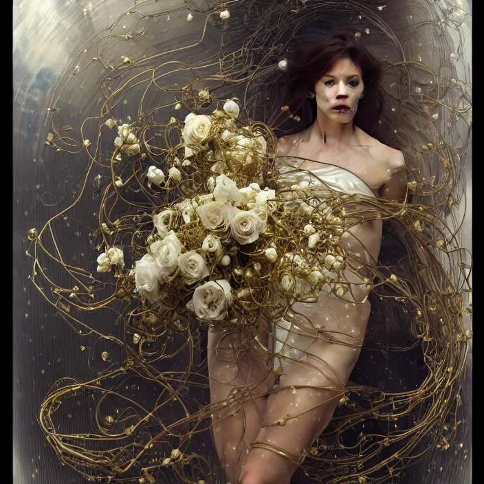 Prompt: hyperrealist portrait of a 2 0 4 4 space sport engineer, it is decorated with long gold wires and white roses that fall like vines and wears a huge computer crown. by jeremy mann and alphonse mucha, fantasy art, photo realistic, dynamic lighting, artstation, poster, volumetric lighting, dramatic light, very detailed faces, 8 k, award winning