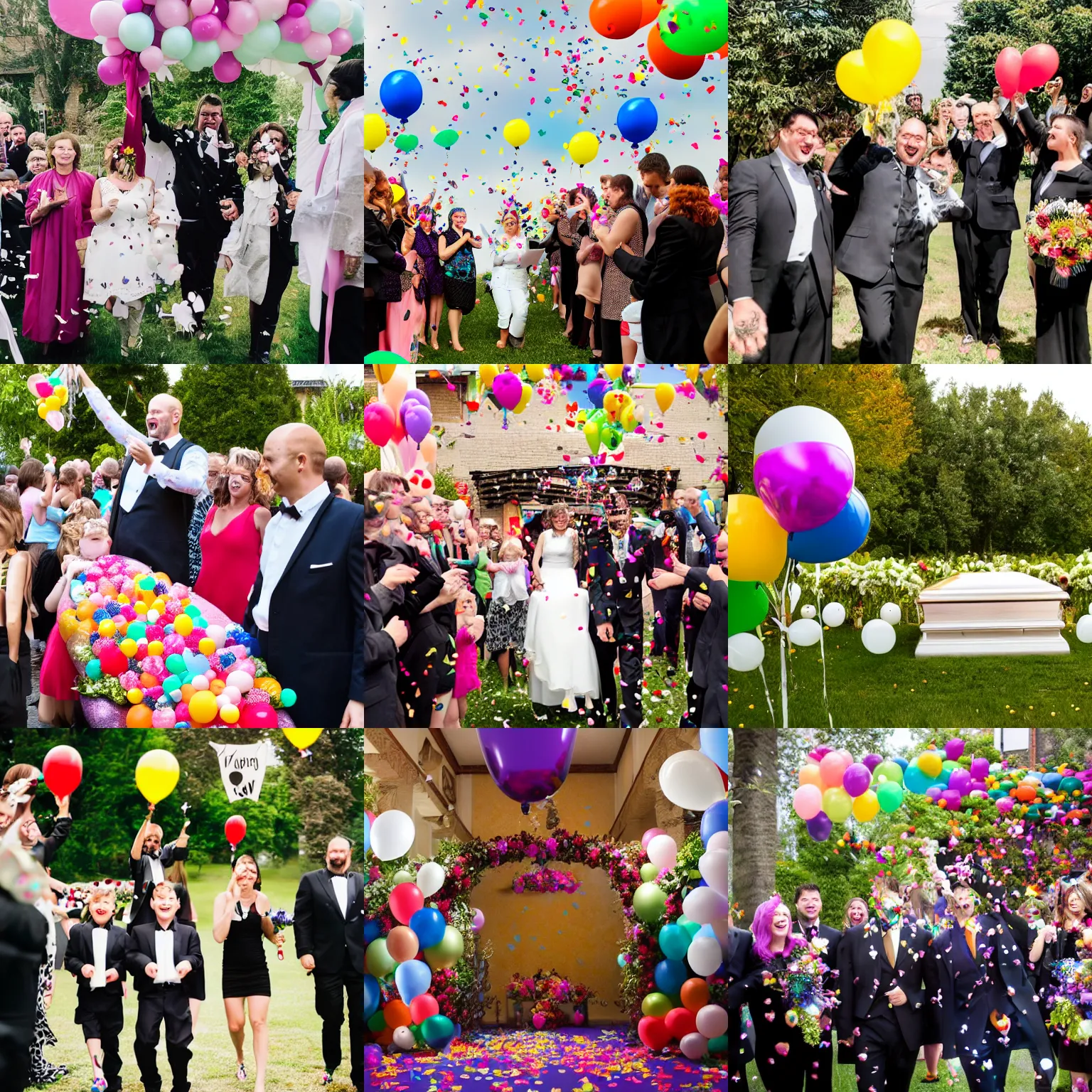 Prompt: funeral with extremely happy guests balloons and confetti