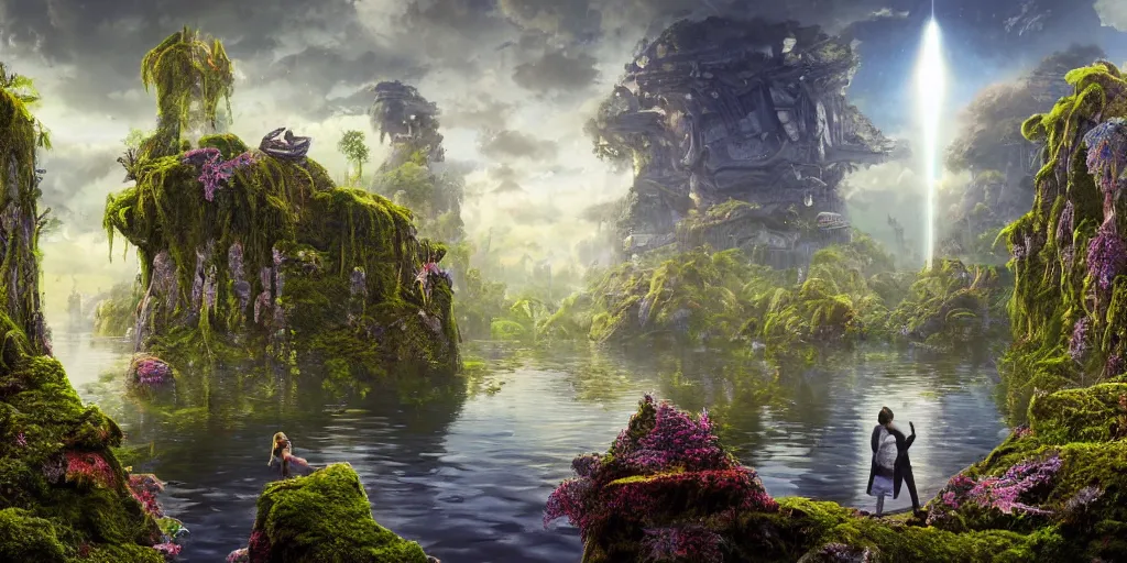 Image similar to balanced masterpiece, fairytale, futuristic city, industrial lake, monolithic temple, interstellar infinity portal, rainforest mountains, lush plants flowers, epic natural light, bright clouds, luminous sky, outer worlds, bright cinematic lighting, edmund evans, michael cheval, michael whelan, airbrush digital nouveau oil painting, vray, 8 k hd