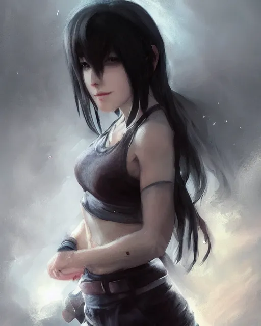 Prompt: beautiful tifa lockhart, face centered portrait, cottagecore, confident, fog, rain, volumetric lighting, soft light particles floating near her, illustration, perfectly shaded, oft painting, art by krenz cushart and wenjun lin