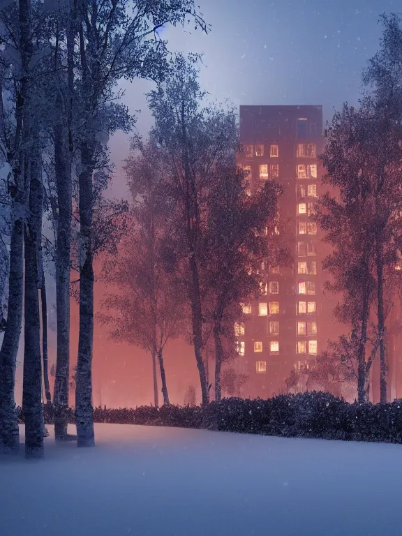 Prompt: award - winning photo of low soviet residential building, russian suburbs, lights are on in the windows, deep night,, cozy atmosphere, winter, heavy snow, light fog, streetlamps with orange light, volumetric light, several birches nearby, elderly people stand at the entrance to the building, mega detailed, unreal render