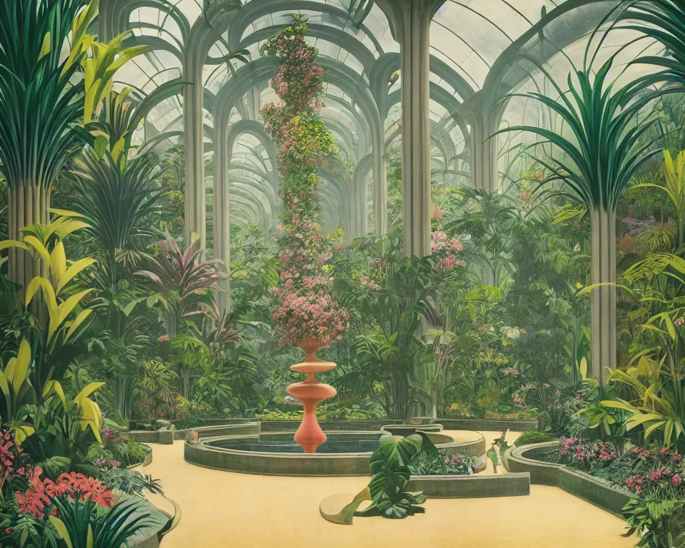 Prompt: an achingly beautiful print of the interior of a glass-walled Art Deco botanic garden, featuring flowing sculptured fountains, tropical foliage, and classical antiquities by Raphael, Hopper, and Rene Magritte. detailed, romantic, enchanting, trending on artstation.