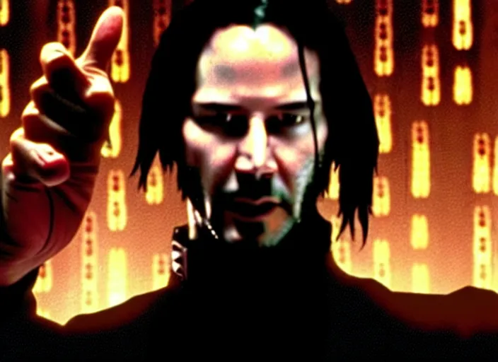Prompt: A photo of Keanu Reeves as Neo in The Matrix movie doing a thumb up to the camera in front on burning servers, servers in flames in the background, doing a thumb up, The Matrix servers on fire, uncropped, full body, crispy, symmetrical face, ultra detailed, cinematic