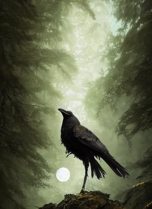 Prompt: glowing silver and golden elements, realistic crow, book cover, green forest, white moon, establishing shot, extremly high detail, photo-realistic, cinematic lighting, by Yoshitaka Amano, Ruan Jia, Kentaro Miura, Artgerm, post processed, concept art, artstation, matte painting, style by eddie mendoza, raphael lacoste, alex ross