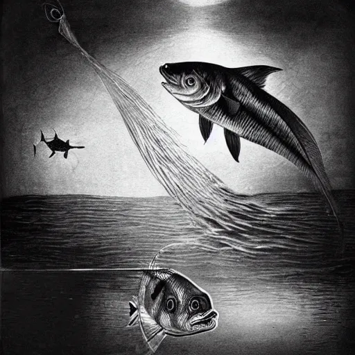 Prompt: little fish, big fish, swimming in the water come back here, man, gimme my daughter, by hieronymus bosch hyper realistic, dark fantasy detailed, high definition insanely detailed, bitter super - resolution microscopy dark lighting, x - ray black and white