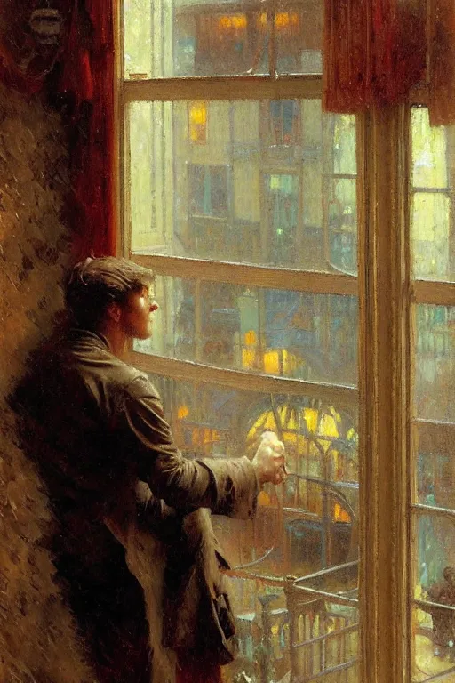 Image similar to irresistible man staring through a window, rainy day cafe painting by gaston bussiere, craig mullins, j. c. leyendecker