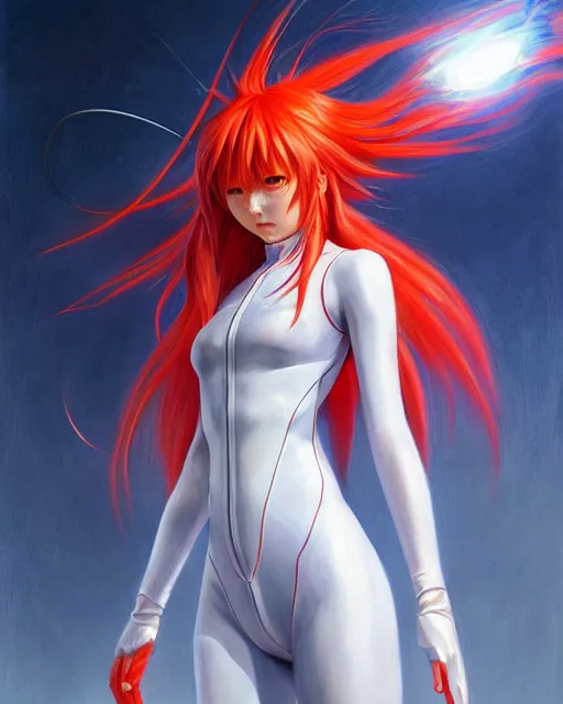 Image similar to asuka langley soryu wearing plugsuit, award winning photograph, radiant flares, realism, lens flare, intricate, various refining methods, micro macro autofocus, evil realm magic painting vibes, hyperrealistic painting by michael komarck - stephen gemmell